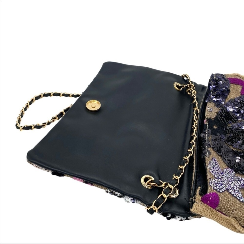Floral Embroidered Sequin Woven Jute Clutch Shoulder Bag - Picture 8 of 15